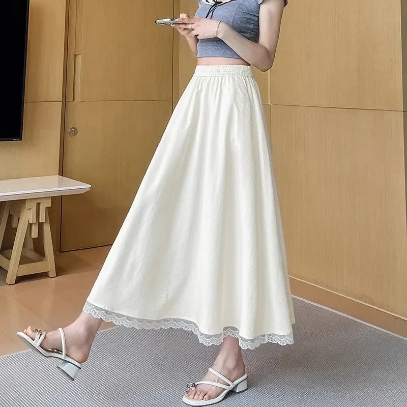 Women's Midi Skirt Spring Summer Thin 2026 New Fairy Forest Mid-Length Lace Trim French Skirt