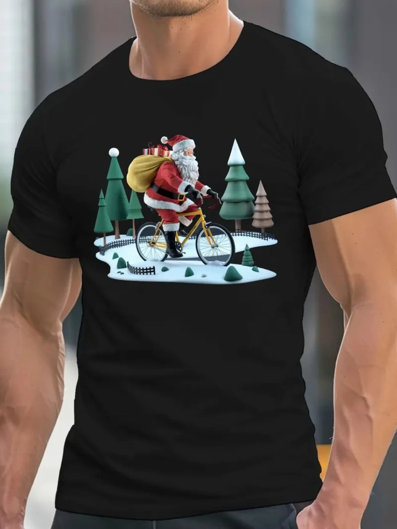 ملابس رجالية للجنسين سانتا كلوز على طباعة دراجة احتفالية، تي شيرت رجالي برقبة دائرية وأكمام قصيرة تي شيرت كاجوال مريح Y2k