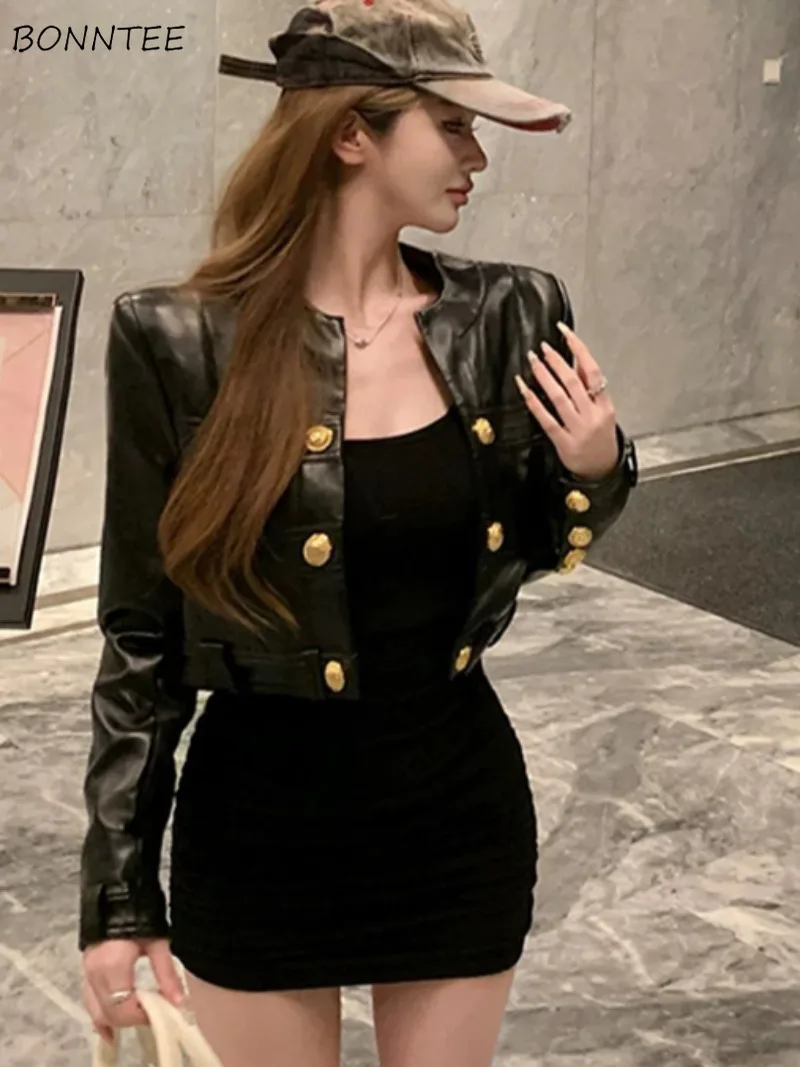 

Jackets Women Cropped Casual Ins Korean Fashion PU Sweet Cool Girls Long Sleeve Autumn Popular Classic Daily Streetwear Clothing