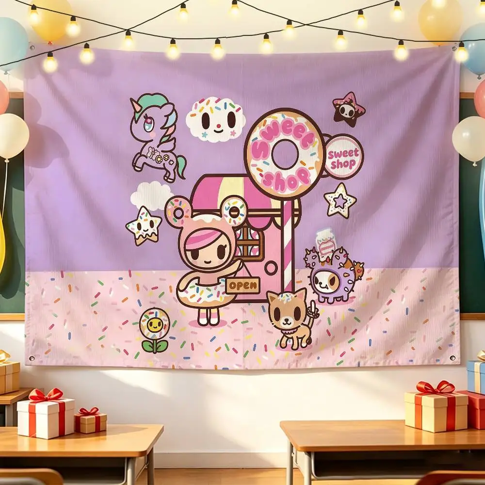 Sweet D-Donutella Donutto Cartoon T-TokidokiS Horizontal Wall Hanging Tapestry Flag Banner Home Background Decor