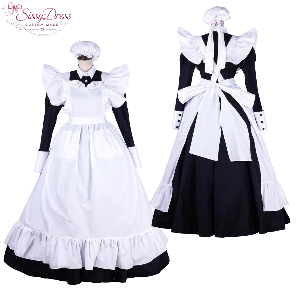 

sissy dress sexy crossdressing sissy maid long lockable black Cotton dress Uniform white apron costume [G1753]