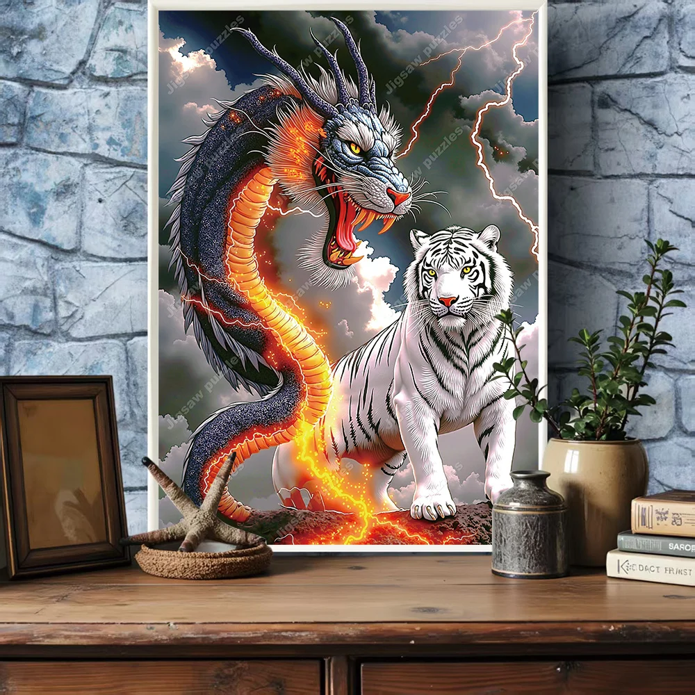 1000/2000/1314/520 قطعة أحجية الصور المقطوعة كبيرة جدًا للبالغين - معركة التنين والنمر الأبيض، الغيوم المظلمة المستوحاة من الآسيوية والضوء
