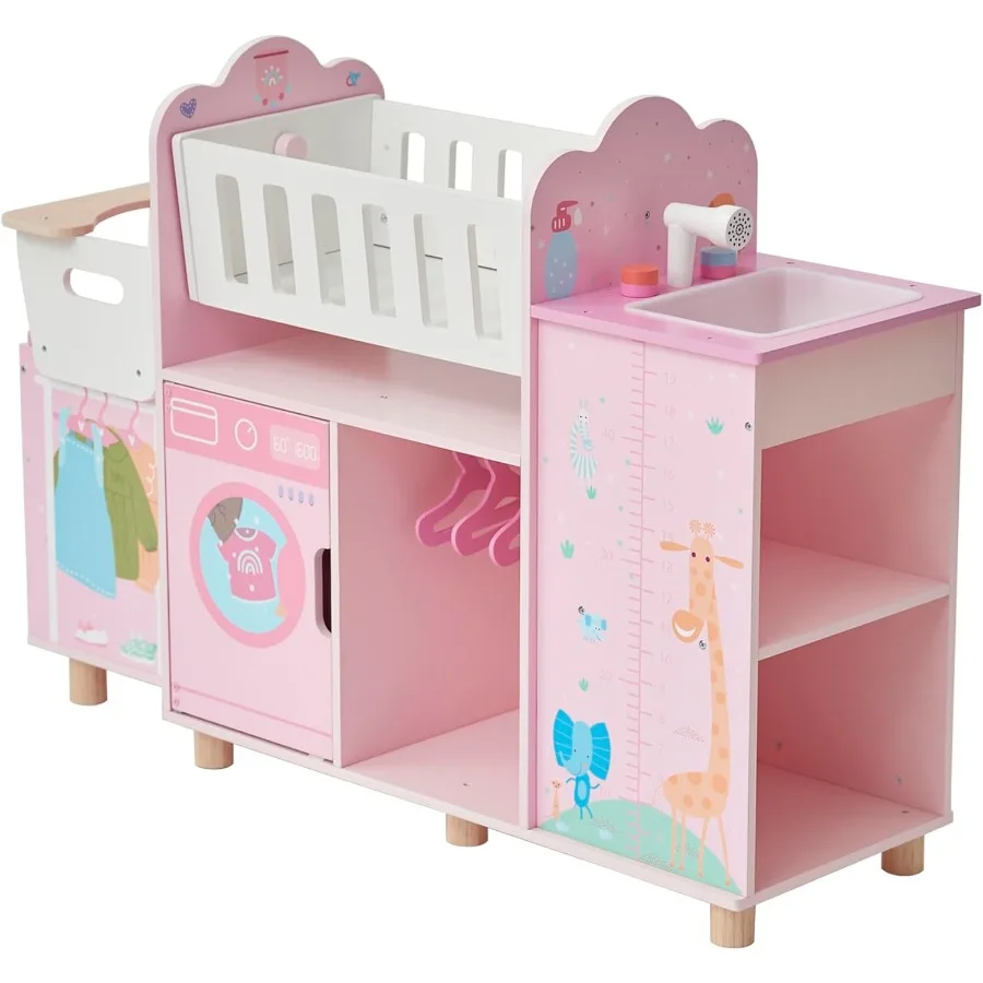 

6-in-1 Wooden Baby Doll Nursery Set – Crib, High Chair, Changing Table, Doll Furniture for 16” Dolls – Baby Doll Accessories Pla