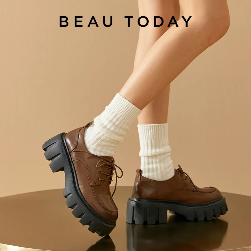 BeauToday Platform Shoes Women Genuine Cow Leather Round Cross Tied Closure Chunky Sole Ladies Casual Shoes Handmade 21894