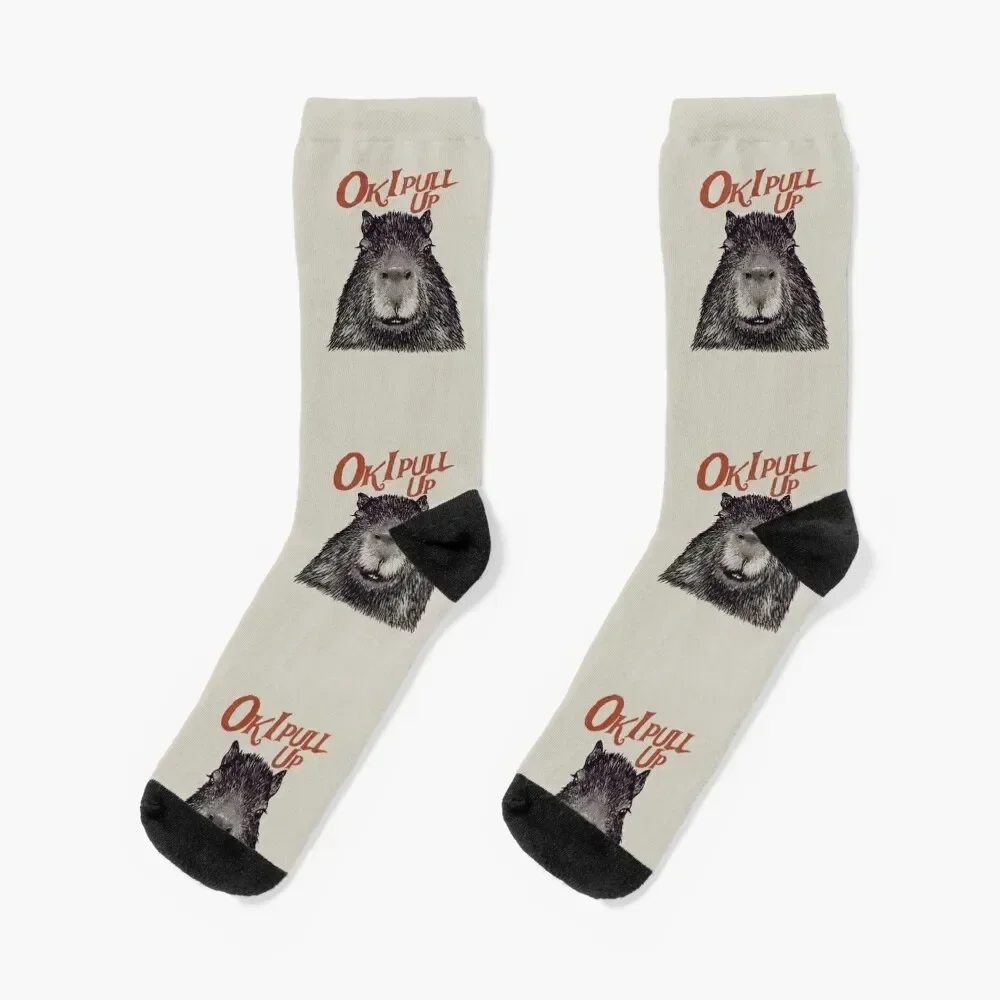 Capybara - Ok I pull up | MEME | Red Capybara | His Name - Gort Capy Yuzu Pet Mat Bandana Socks set Designer Man Socks Women's