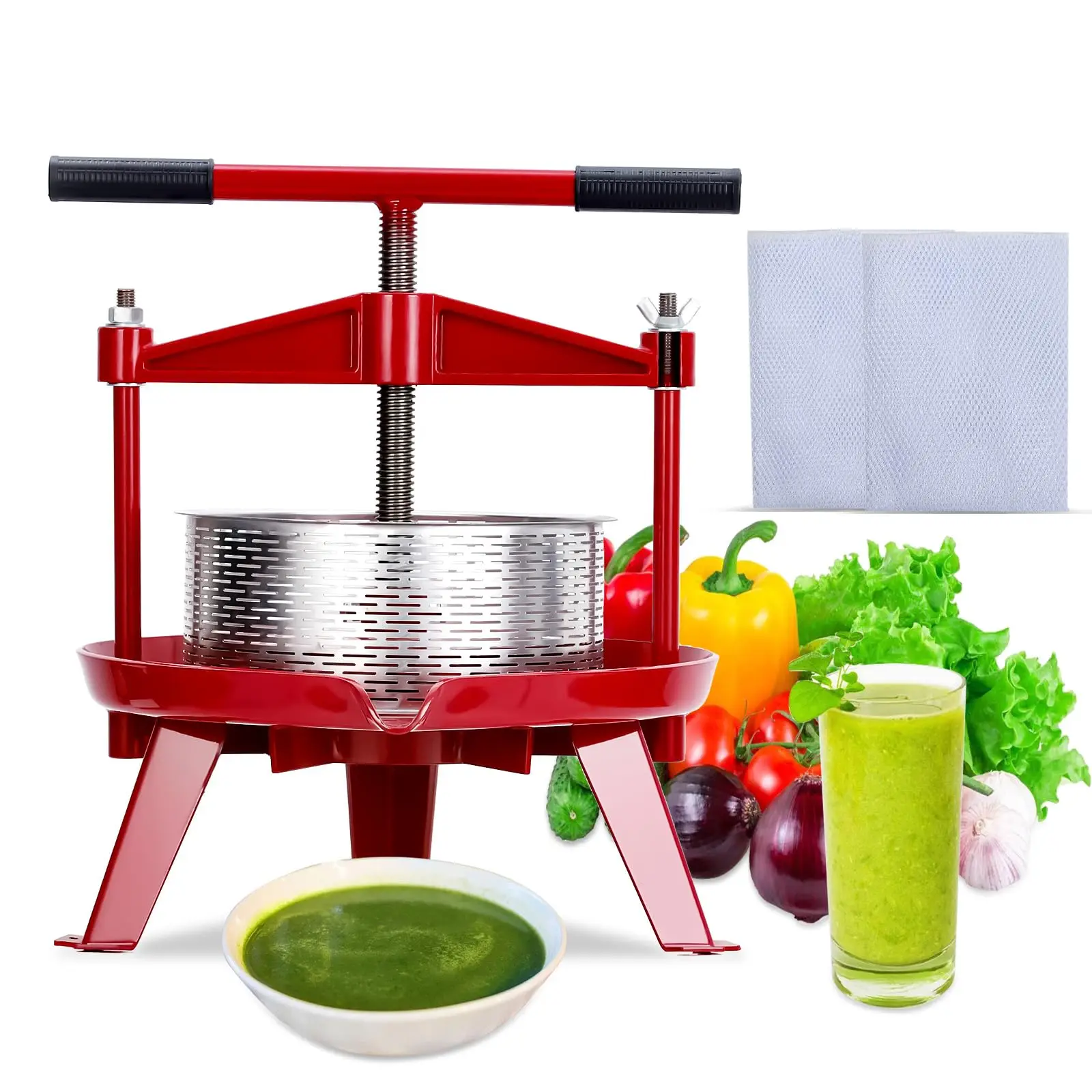 Manual Fruit Press, Stainless Steel Juice Press with Cast Iron Base, Easy to Use Fruit and Vegetable Crusher for Juice, Puree, Cheese and Olive Oil