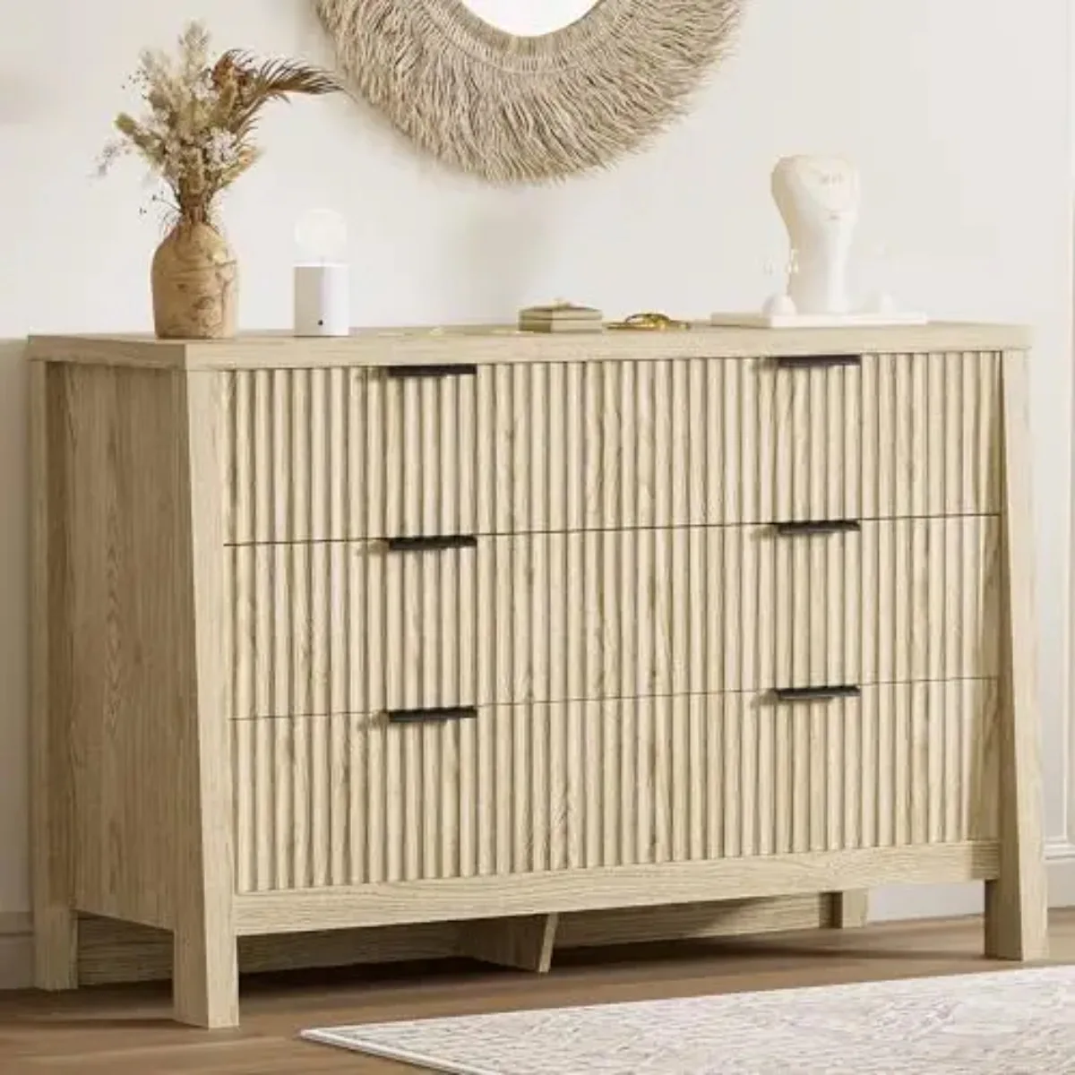 Fluted 6 Drawers Dresser for Bedroom, 47" Wide Modern Chest of Drawers with Metal Handle, Wooden Dresser Storage