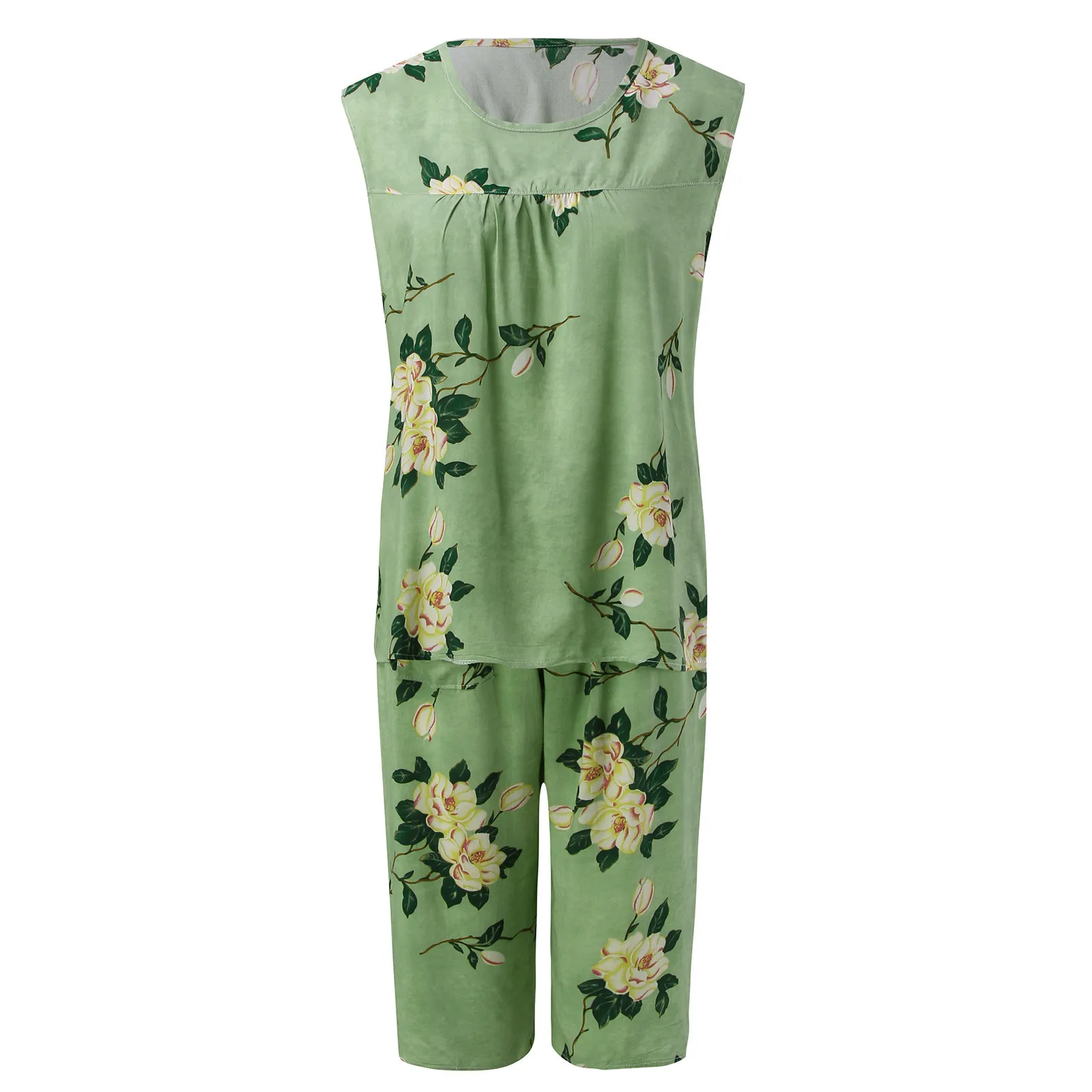 Women Capris Pajamas Set Summer Cotton Sleepwear Elegant Floral Printing Calf-length Loungewear Leisure Cropped Trousers Pyjamas