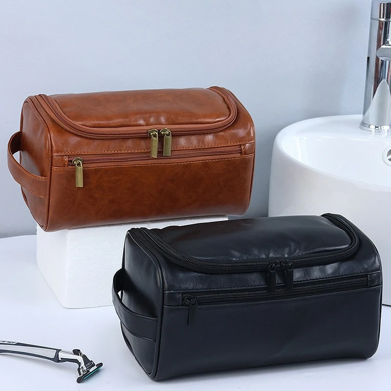 

Men'S Retro Pu Leather Toiletry Bag Portable Travel Business Trips Cosmetic Bag Handheld Waterproof Large Capacity Wash Bags