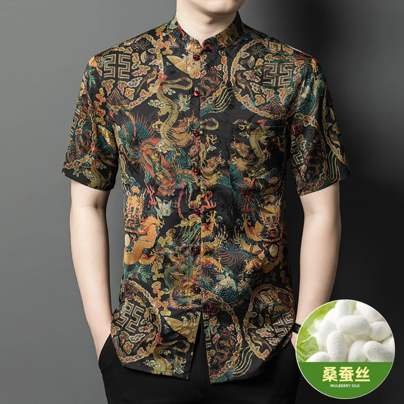 

High-End Shirts For Men Gambiered Canton Gauze Print Tang Costume Summer Top Quality Stand Collar Short Sleeve Camisas De Hombre