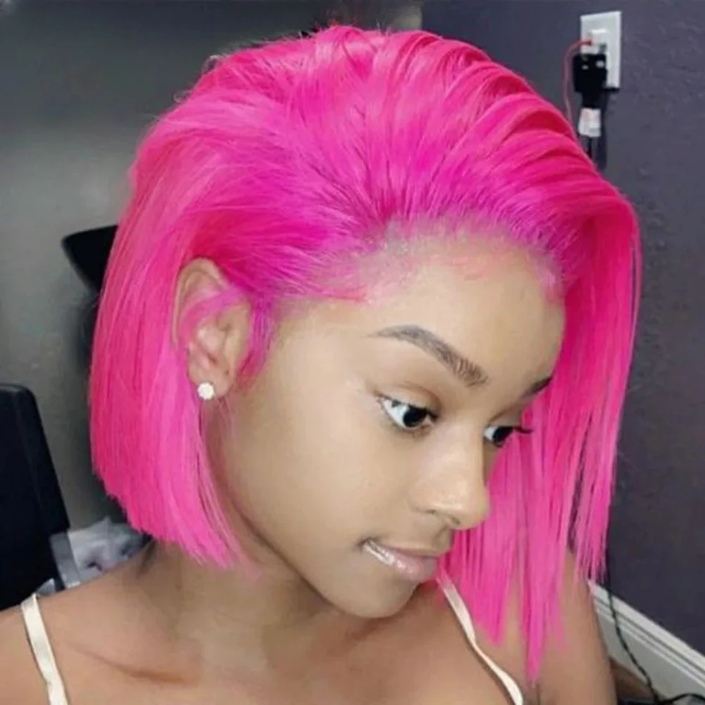 Hot Pink Colored Bob Wig Human Hair 13x4 Straight Lace Frontal Wigs 150 Density Pre Plucked Transparent Lace Bob Wigs for Women