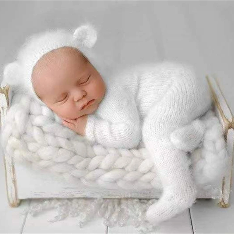 Lovely Newborn Photography Props Boys Girls Outfits Mohair Bear Hat Bonnet & Footed Romper Bodysuit Photoshoot Costume P31B