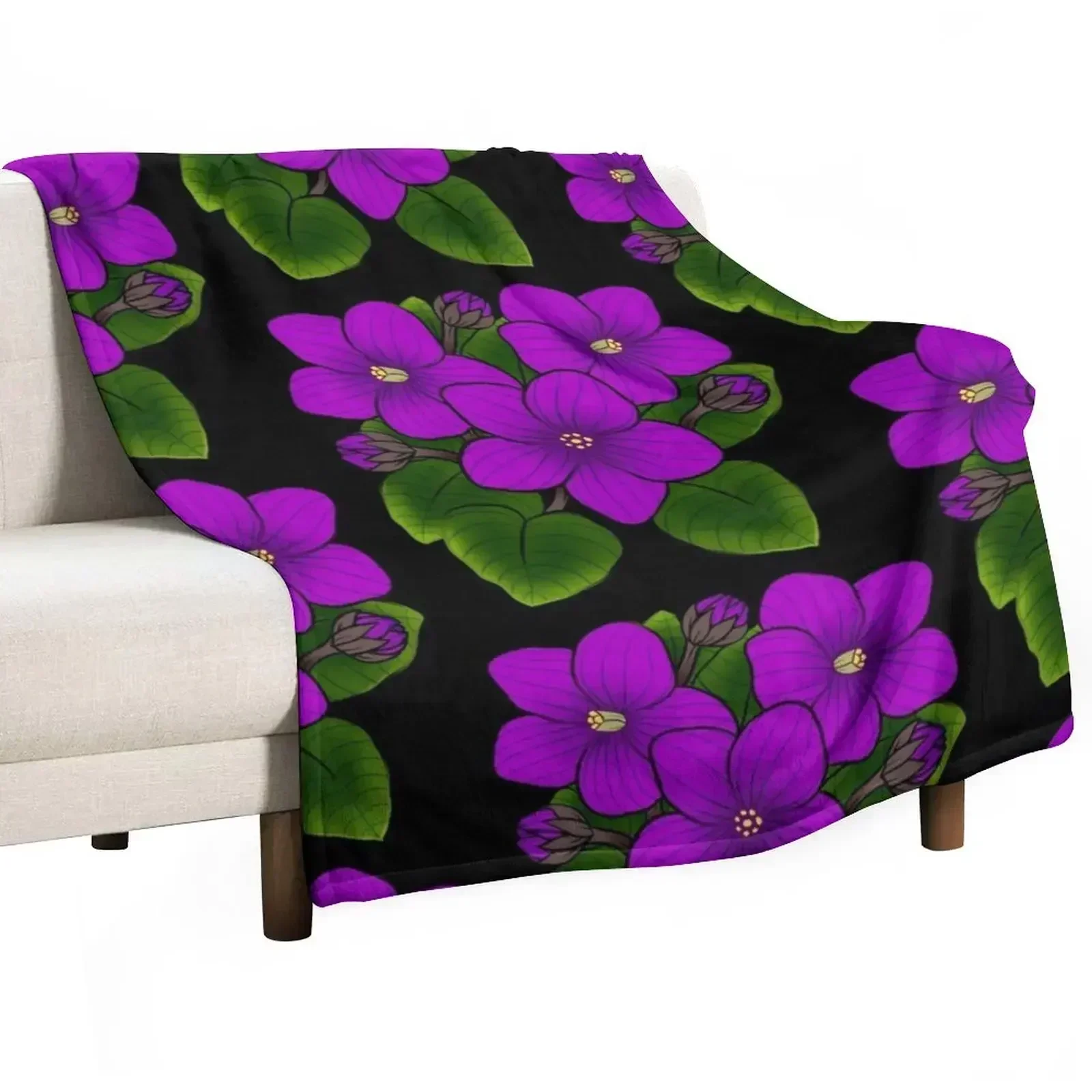 

Purple African Violets in Black Throw Blanket Giant Sofa Loose Bed linens Shaggy Blankets