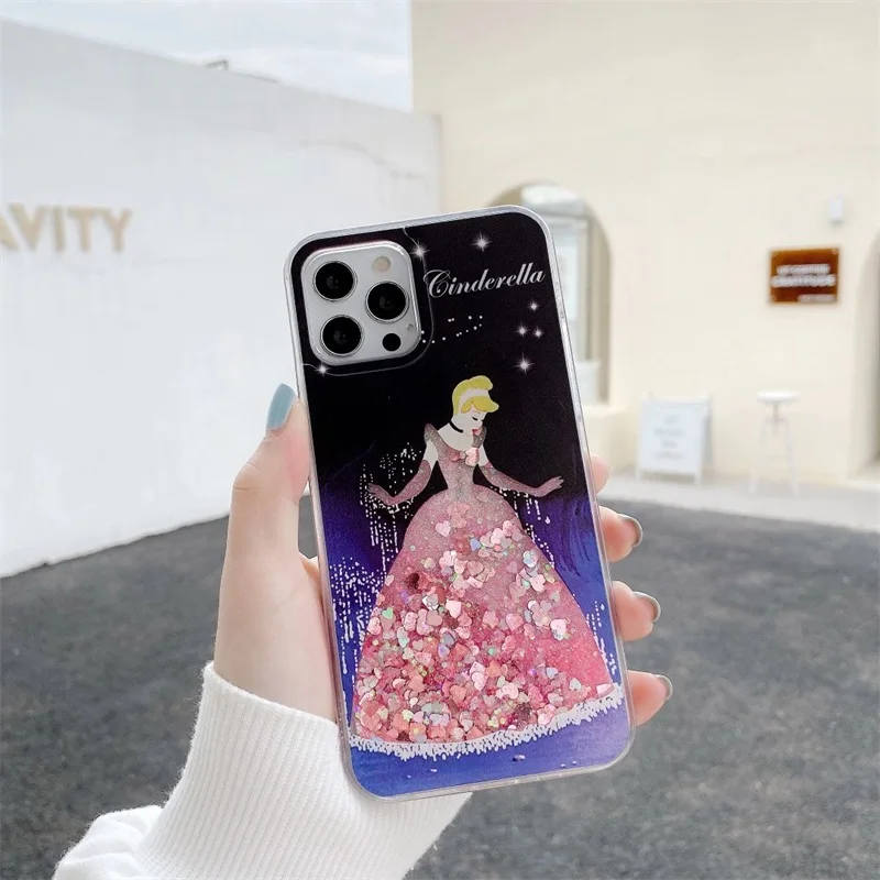 Hot Original beautiful Cinderella Princesses Glitter Quicksand case for iphone 11 13 14 15Pro Max Pink girl Bling shell