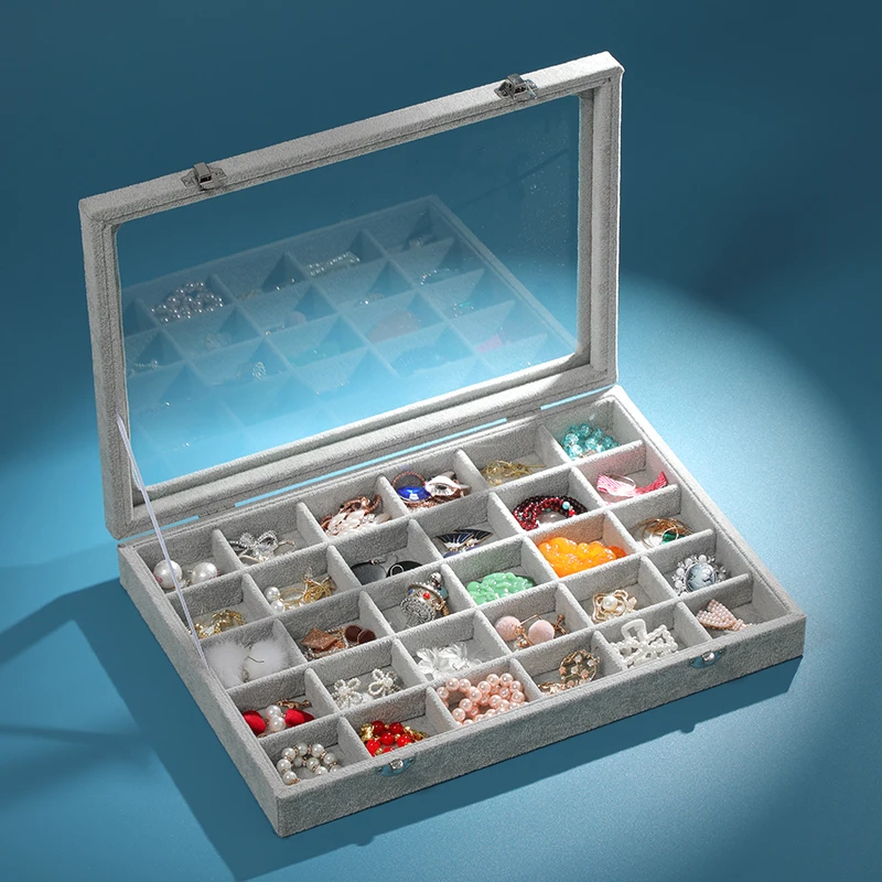

Velvet Large-Capacity Jewelry Box 30-Grid Storage for Diamond Rings Necklaces Earrings - Anti-Oxidation Display Case