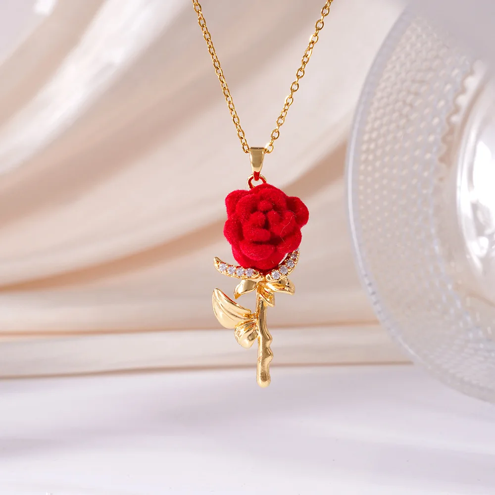 Romantische einfache Rosenblüten-Halskette für Frauen, zarte Kupferblüten-Anhänger-Kette, Halskette, Freundschaftsschmuck, Geschenke – Detail 6