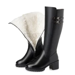 Genuine Leather Round Toe High Heels Women Boots Knee Length Wool Lining for Warmth and Slim Fit Long Leg Knight Boots