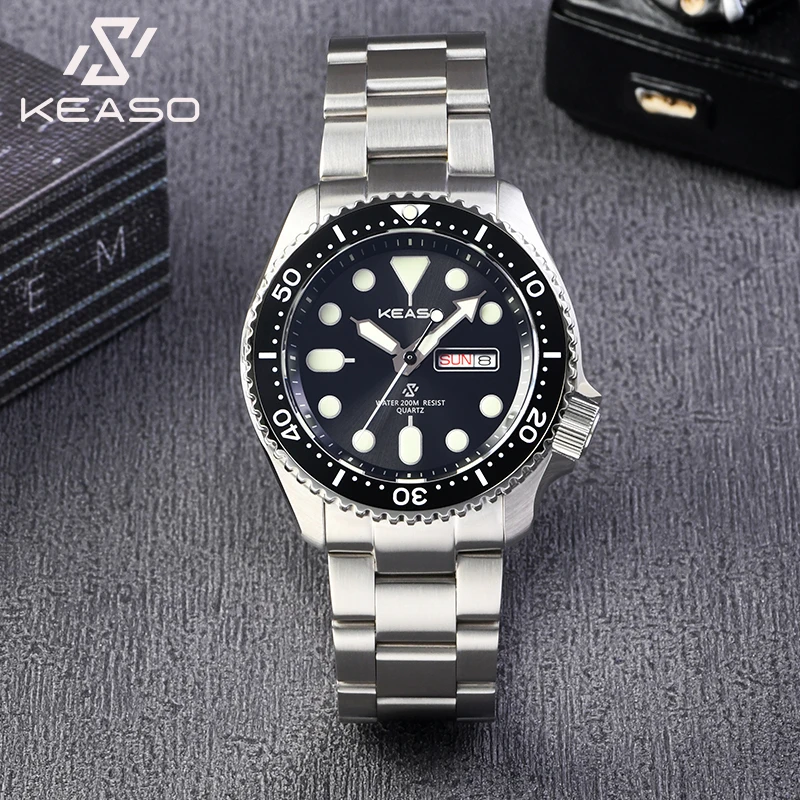 KEASO Men Watches Swiss MIYOTA 2105 Quartz Movement Ceramic Bezel 20ATM Waterproof C3 Luminous Sapphire 316L Steel Men Wathes