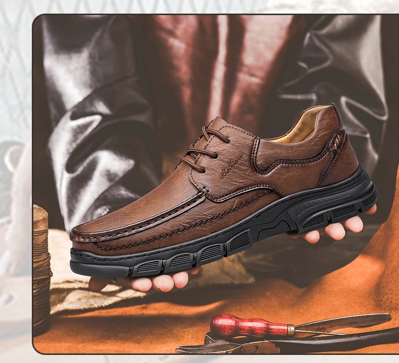 CLOHOO Men's Handmade Thick Rubber Bottom Breathable Casual Leather Shoes Classic Sewn Loafers Comfortable Leisure Footwear