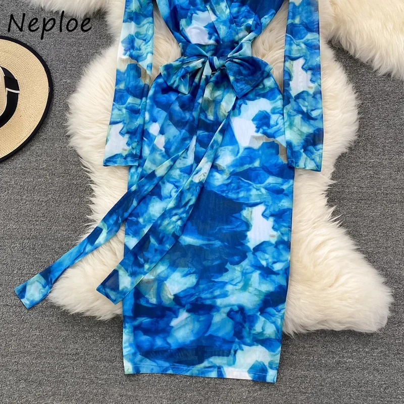 Neploe Spring 2024 New Long Sleeve Dress for Women V-neck Printed Vestido De Mujer Bow Bandage High Waist Ladies Dresses Female