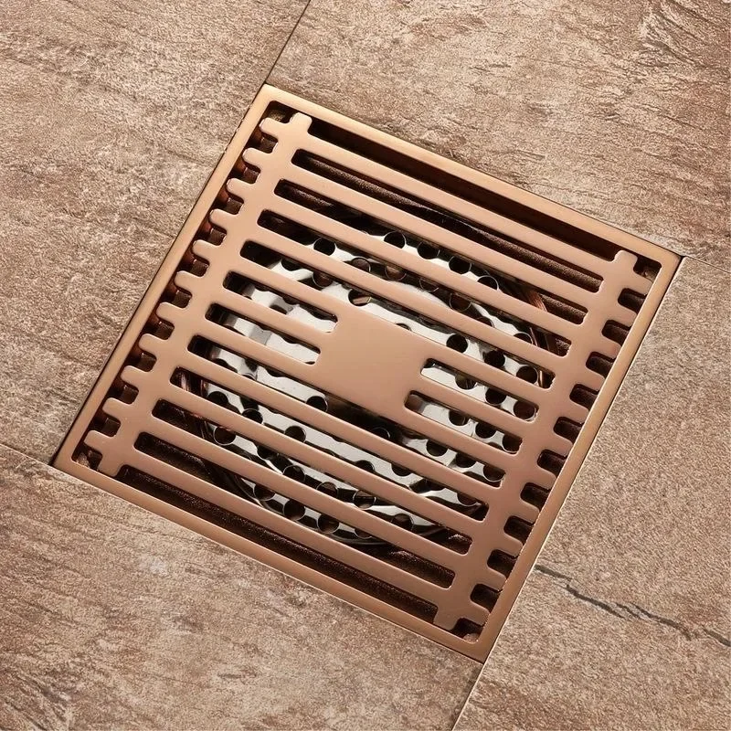 10cm Rose Gold Brass Square Floor Drain Anti-Odor Shower Drain Removable Cover Bathroom