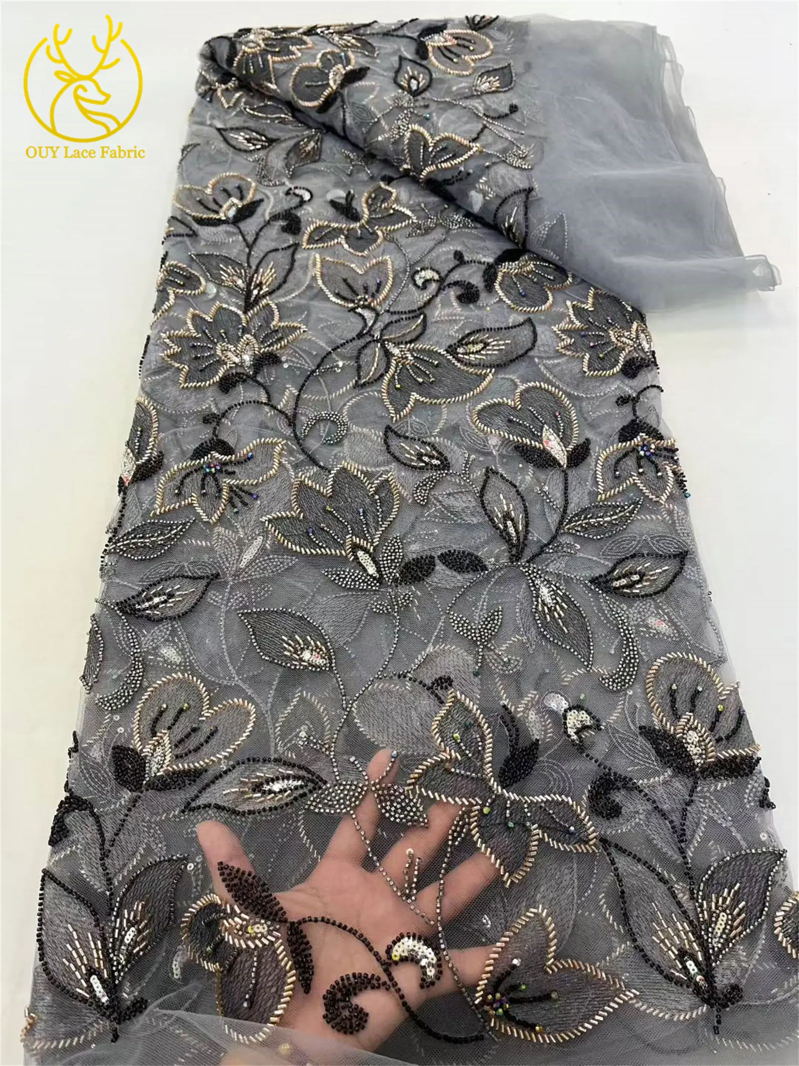 ホットセール　アフリカの手作りビーズスパンコールウェディングレース生地　フランスチュール　新郎刺繍生地　レディースパーティーイブニングドレス
