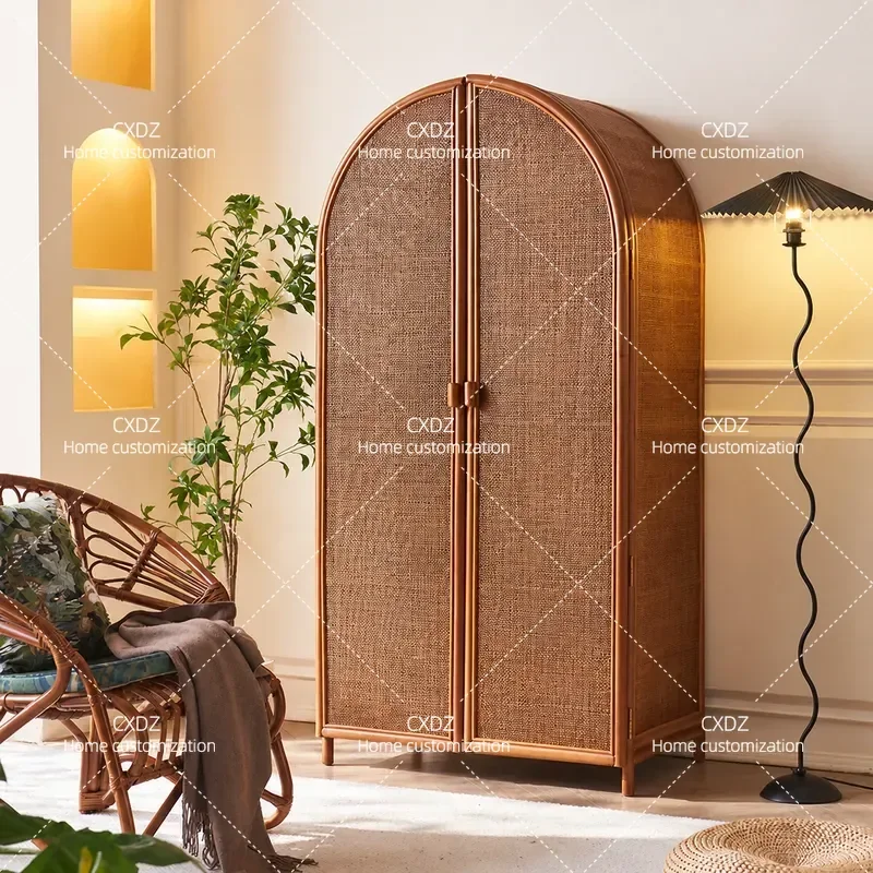 New Chinese Style Rattan Wardrobe Double Door Swing Bedroom Storage Cabinet Antique Breathable Full Rattan Closet Furniture