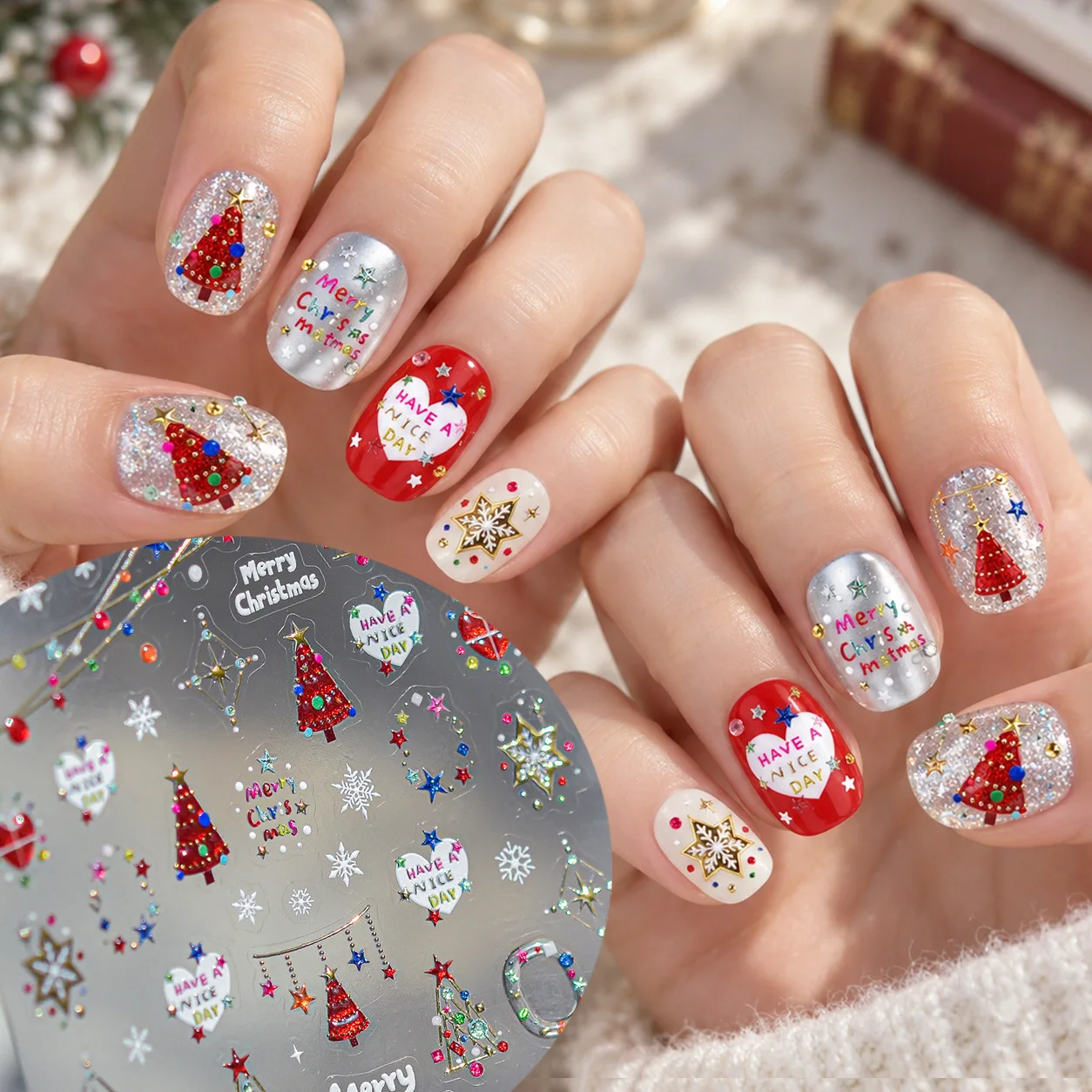Winter Christmas Nail Stickers Colorful Christmas Tree Heart Snowflake Star Festoon Winter Self-Adhesive Nail 3D Decorations DIY