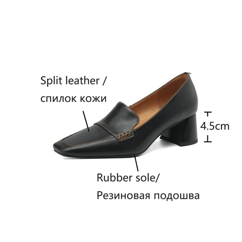 NEW Spring/Autumn Women Loafers Split Leather Shoes for Women Square Toe Chunky Heel Black Shoes Concise High Heel Women Pumps