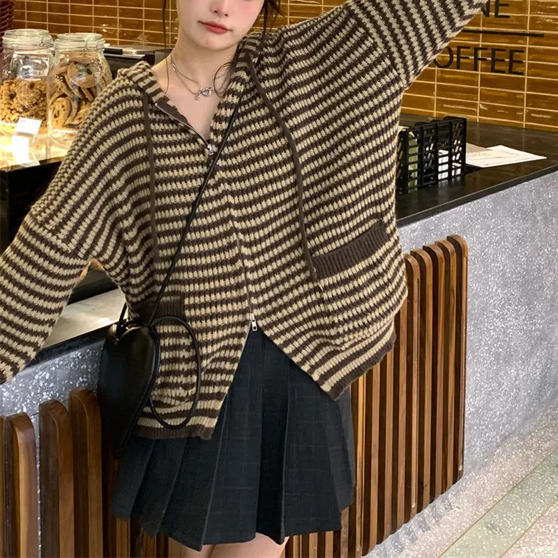 Fashion Vintage Striped Zipper Cardigan Spring Autumn Korean Hooded Loose Women\'s Clothing Casual Long Sleeve Knitted Sweaters