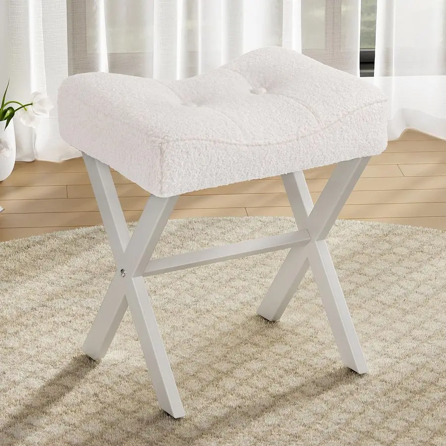 Vanity Stool Chair, Vanity Bench with Metal XLegs, Ottoman Accent Stool with Breathable and Soft Boucle Fabric Saddle Seat, Whit