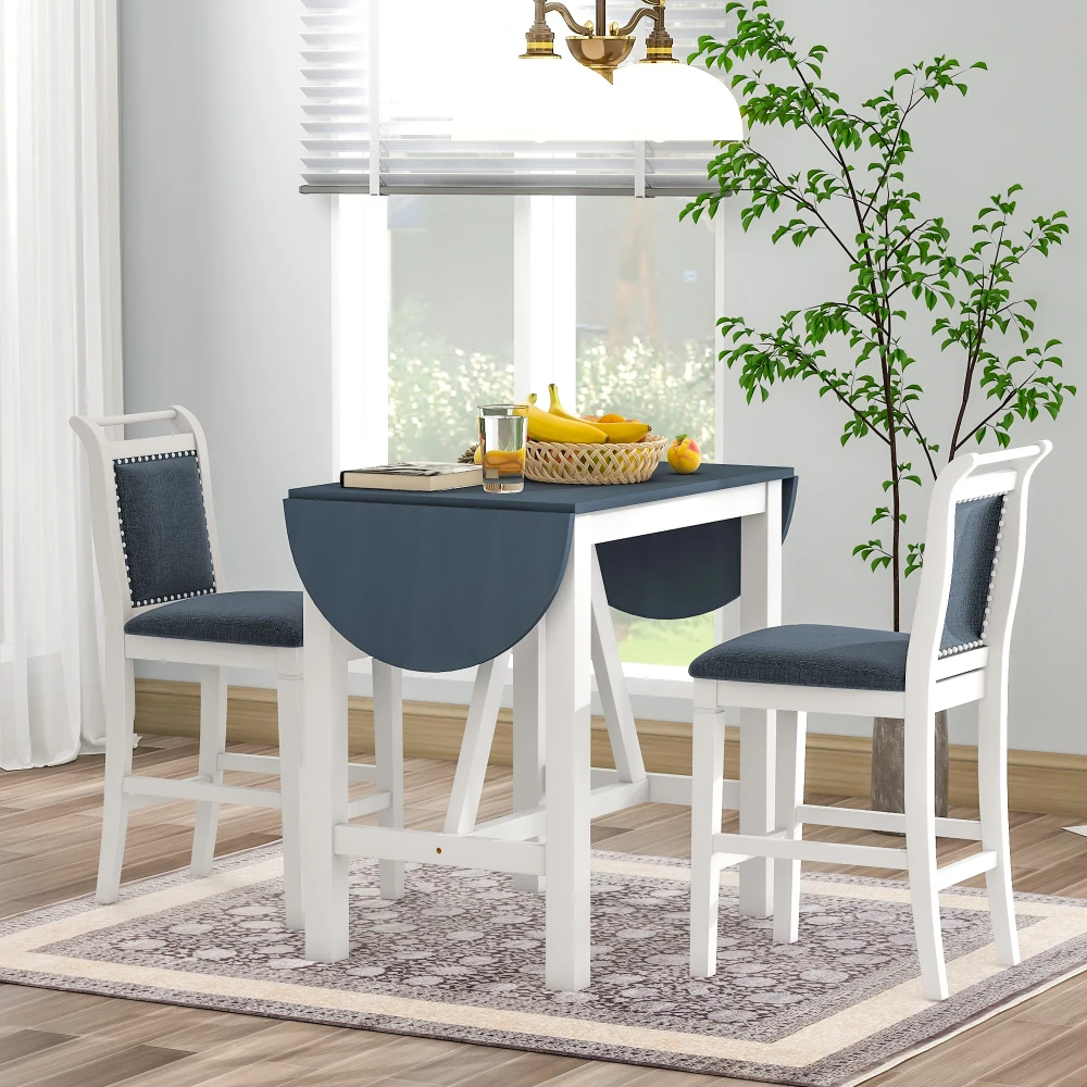 

3-Piece Wood Counter Height Drop Leaf Dining Table Set with 2 Upholstered Dining Chairs for Small Place, White+Gray