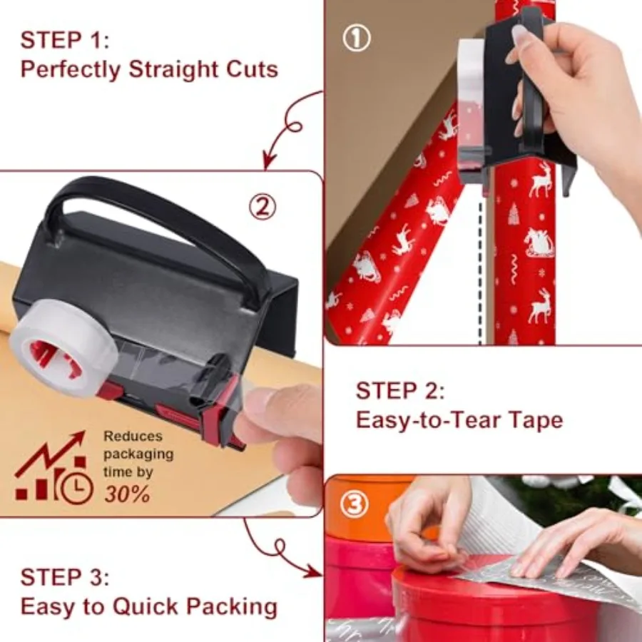 Outil d'emballage cadeau à double usage avec 4 bandes et 2 lames de rechange pour emballage de noël, d'anniversaire et de vacances, conception de tubes à trancher coulissants