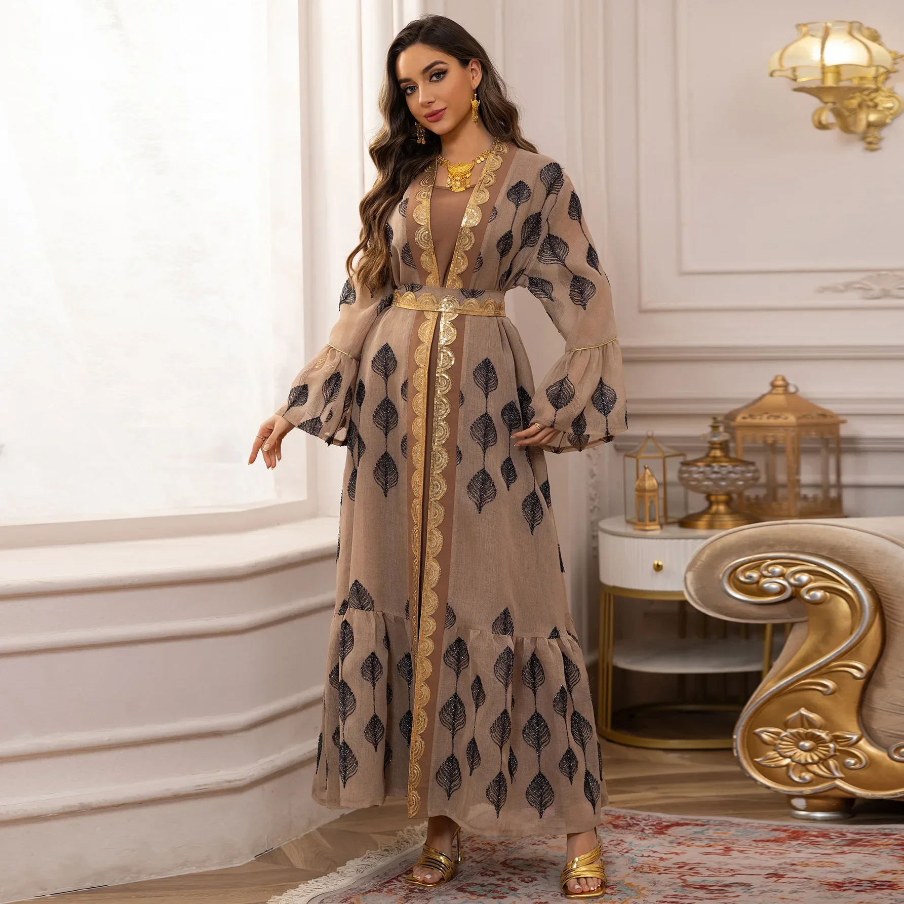 2PCS Muslim Flare Sleeve Abaya Sequin Embroidery Kimono Jalabiya Robe Kaftan Women Islam Evening Party Dress Eid Ramadan Caftan