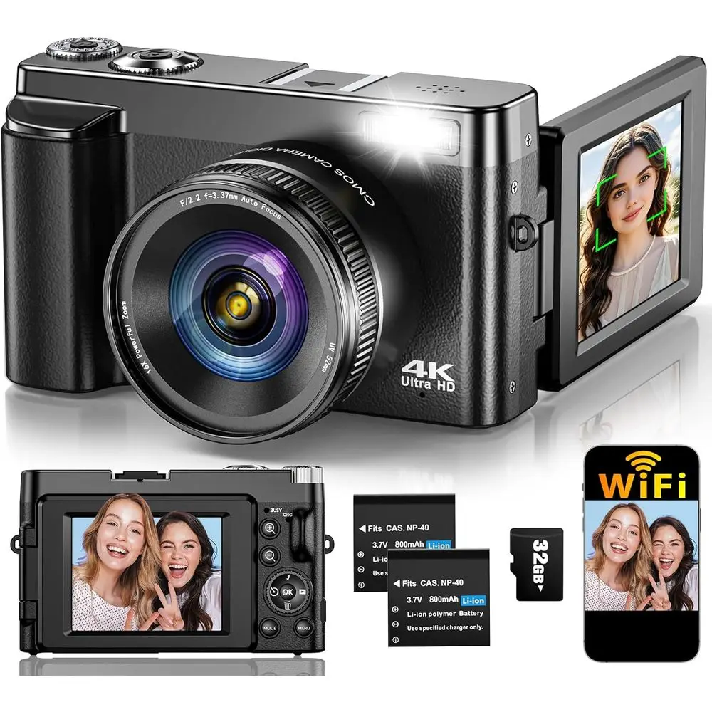 64MP 4K Digital Camera with 180 Rotatable Lens, 16X Zoom, Compact for Travel, 32GB Card, 2 Batteries, Black