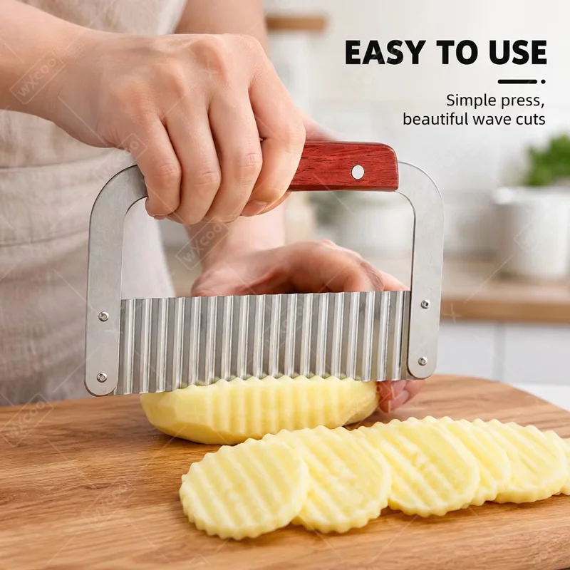Crinkle Cutter Wavy Vegetable Slicer Stainless Steel French Fry Chip Peeler Set for Home Kitchen Accessories Wooden Handle