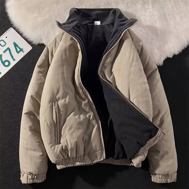 Men Down Jacket Winter Thicken Fleece Warm Contrast Color Male Coat Stand Collar Long Sleeve Loose Comfortable Man Outerwear