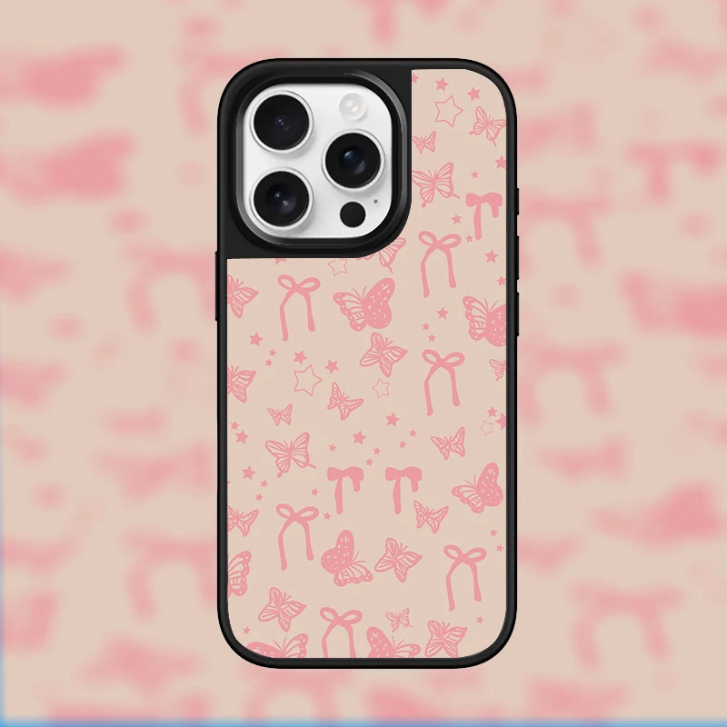 Ins Rosa Schmetterlinge und Schleifen, Hydrogel-Rückplatte, silberner Rand, stoßfeste Handyhülle für iPhone 17, 16, 15, 26 Pro Max