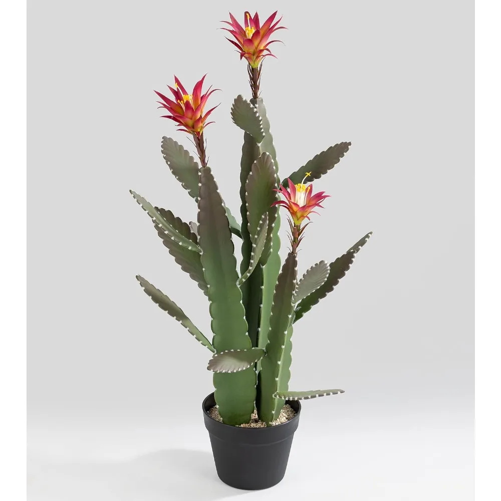 صبار صناعي كبير مقاس 33 بوصة مع زهور أرجوانية في وعاء مع حصى طبيعي. أوراق نهائية من الساتان ذات مظهر حقيقي وملمس.