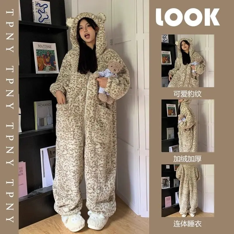 Leopard Hooded Pyjamas Animal Adult Onesies for Women Winter Pajamas Stitch Sleepwear Flannel Pijamas Pochets Overall Sets