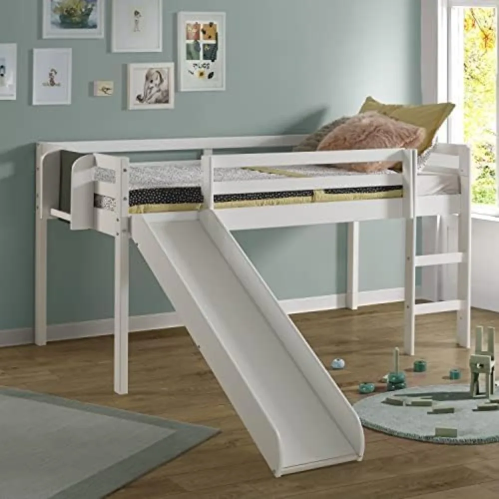 

Cindy Kids Loft Bed with Slide Twin Loft Bed with Slide Solid Wood Toddler Kids Ladder Chalkboard Space Saving Frame