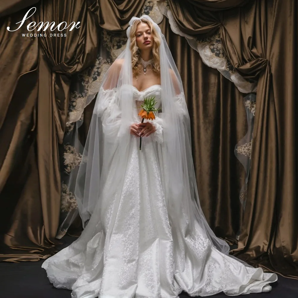 Semor Customized Sweetheart Collar Long Sleeves Wedding Dress A Line Pleat Lace vestidos de novia vintage style Bridal Gown 2026