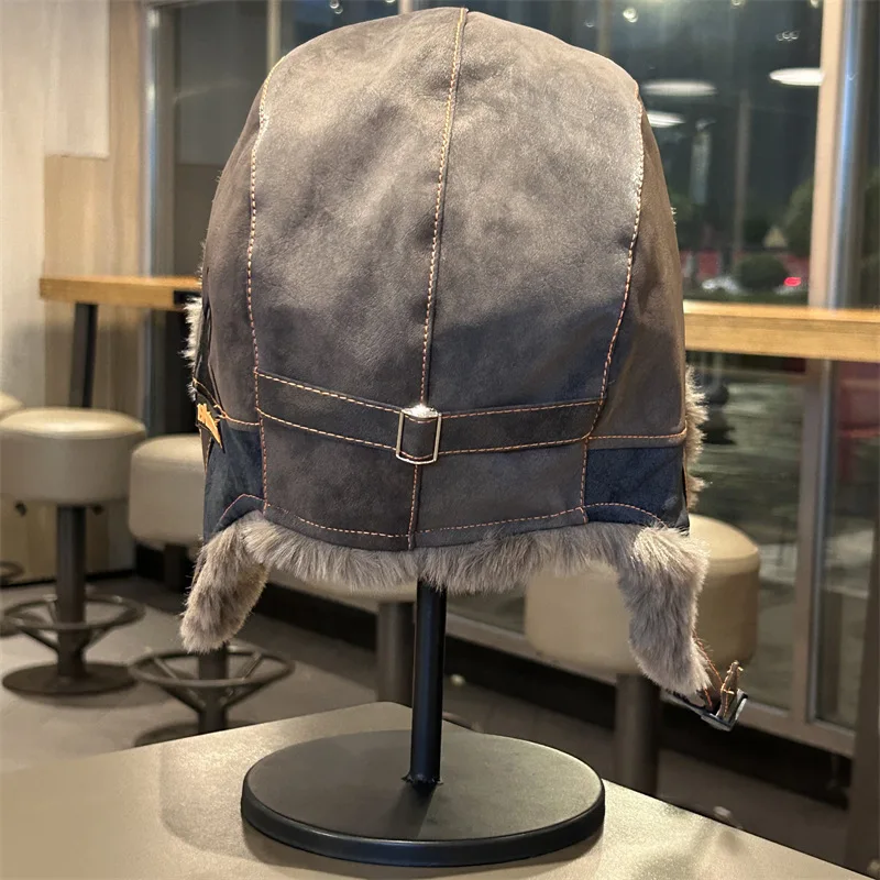 Men's Outdoor Snow Protection Earflap Hat, Faux Suede Splicing with Plush Ear Flaps and Adjustable Buckle, Vintage Letter Embroidery Winter Warm Hat