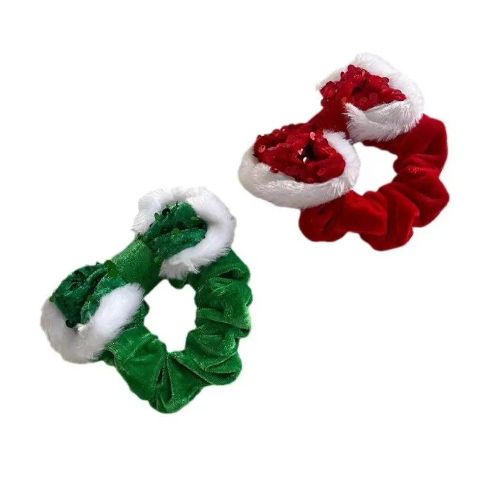 1Pc Velvet Christmas Scrunchies, Red Sequin Bow Ponytail Ties for Women, White Plush Trim, Holiday Accessories