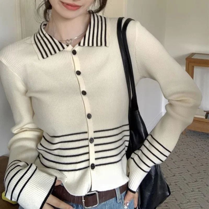 Korean Striped Polo-Neck Knitting Cardigan Ladies Autumn Winter Coat Slim Sweater Women Clothing Korean Patchwork Buttons Tops