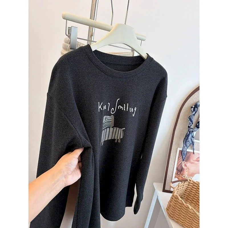 O-neck T-shirts Velvet Fleece Cartoon Print Keep Warm Tops Casual Korean Style Long Sleeve 2026 Autumn Winter Women Clothing