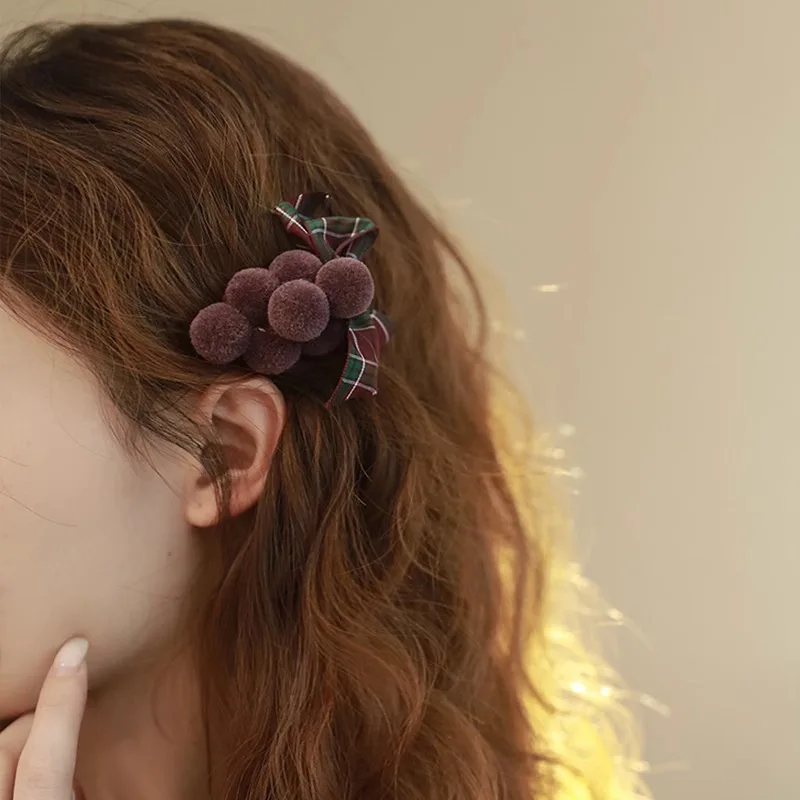 Furry Grape Bow Hair Clip Women Girls Bangs Broken Hair Side Clip Sweet Duckbill Clip Fashion Versatile Hair Styling Accessories