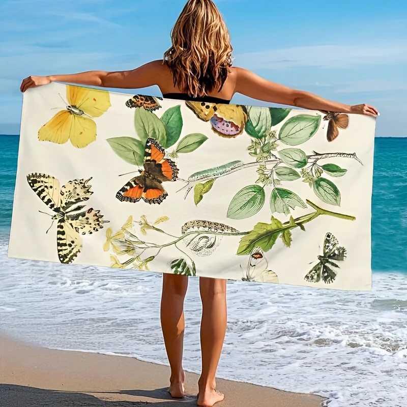 قطعة واحدة من ملاءة حمام كبيرة جدًا مقاس 28 × 56 بوصة - رسم توضيحي للفراشات والزهور العتيقة، بوليستر، سريع الجفاف فائق الامتصاص،