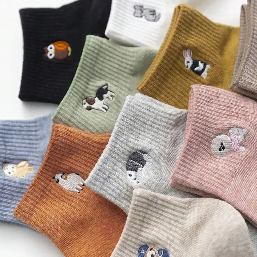 

10 Pair Casual Low-Cut Liner Socks With Embroidered Animal Patterns