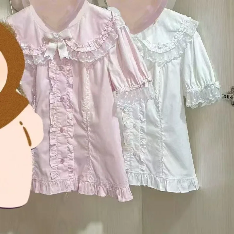 2025 Summer Design Top Blusas Sweet Lolita Cute Bow Lace Patchwork Cute Kawaii Y2k Shirt Single-breasted Short-sleeves Blouse